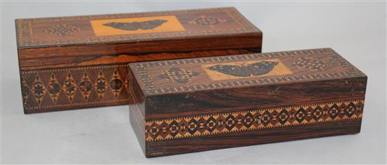 A Victorian rectangular Tunbridgeware glove box, largest 9.5in.